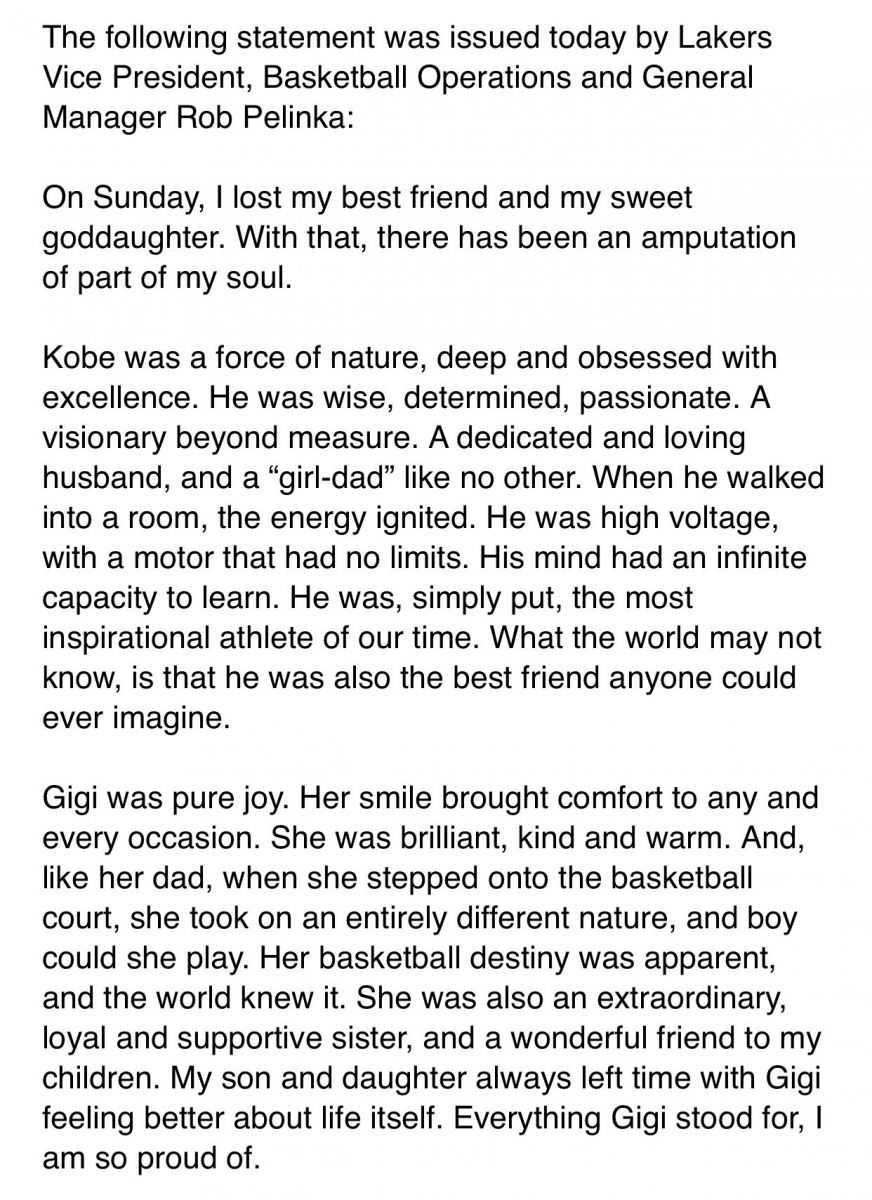 Rob Pelinka condolences towards Kobe Bryant and his daughter